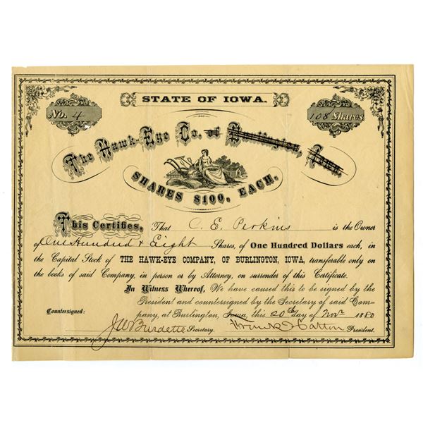 IA. Hawk-Eye Co. of Burlington, Iowa, 1880, I/U Stock Certificate.