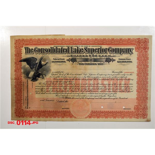 MI. Consolidated Lake Superior Co., ND (ca.1890-1900), Specimen Stock Certificate