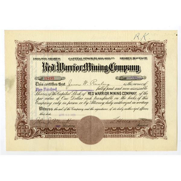 MN. Red Warrior Mining Co., 1929, I/U Stock Certificate.