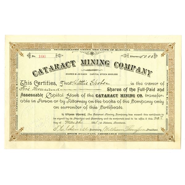 MT. Cataract Mining Co. 1891 I/U Stock Certificate