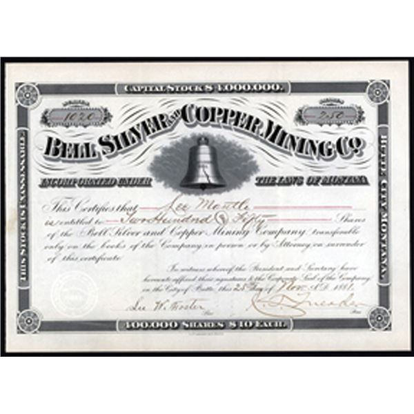 Montana Territory. Bell Silver and Copper Mining Co., I/U Stock Certificate.