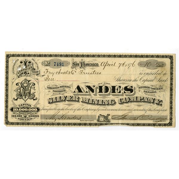 NV. Andes Silver Mining Co., 1876, I/U Stock Certificate Signed by Civil War General George S. Dodge