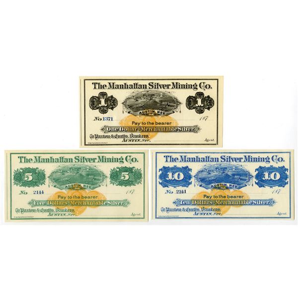 NV. Manhattan Silver Mining Co., ND (1870s), U/U Obsolete Scrip Note Trio with U.S. Imprinted Revenu