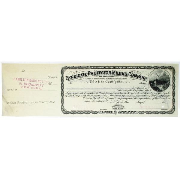 NV. Syndicate Protector Milling Co. 1880s Specimen Stock Certificate
