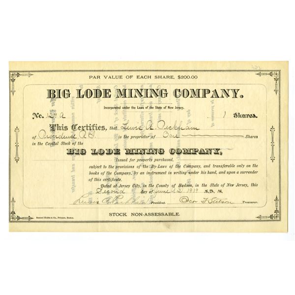 NJ. Big Lode Mining Co., 1919, I/U Stock Certificate (Western Mine).
