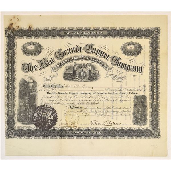 NJ. Rio Grande Copper Co., 1883, I/U Stock Certificate.