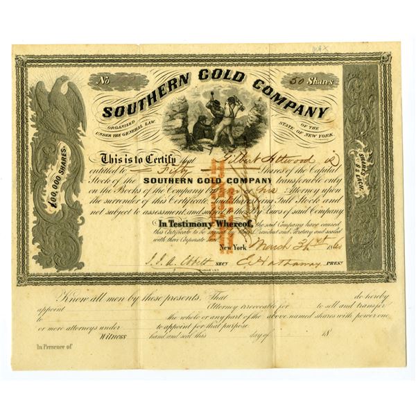 NY. Southern Gold Co., 1860, I/C Stock Certificate.