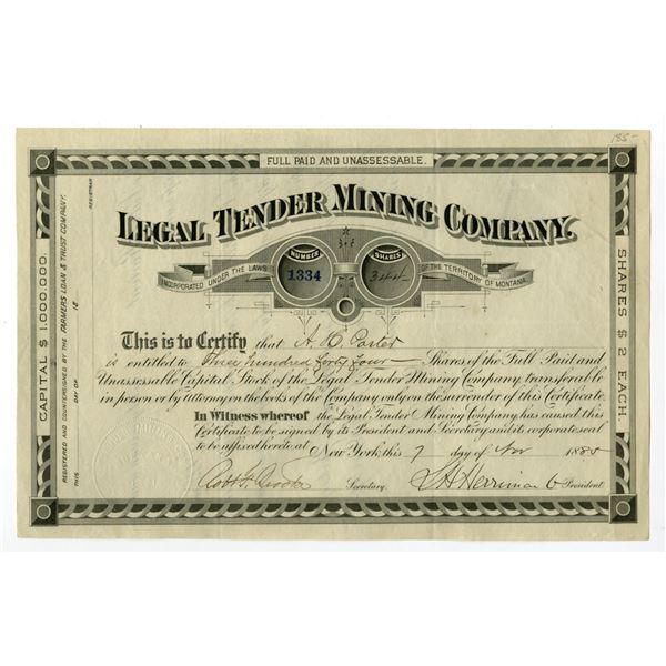 MT. Legal Tender Mining Co., 1885, I/U Stock Certificate.