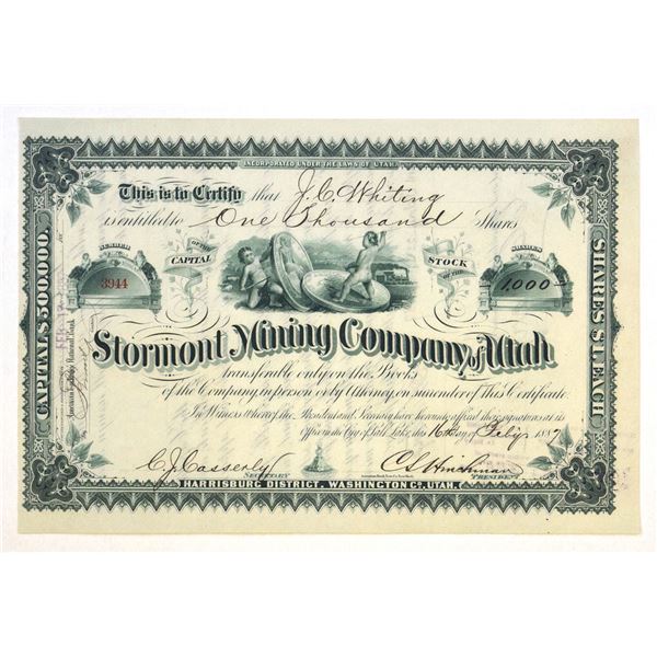 UT. Stormont Mining Co. of Utah, 1887, I/U Stock Certificate.