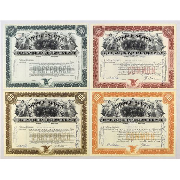 WV. Middle States Coal and Iron Mines Co. 1960 Issued and Partially Issued Stock Certificate Quartet