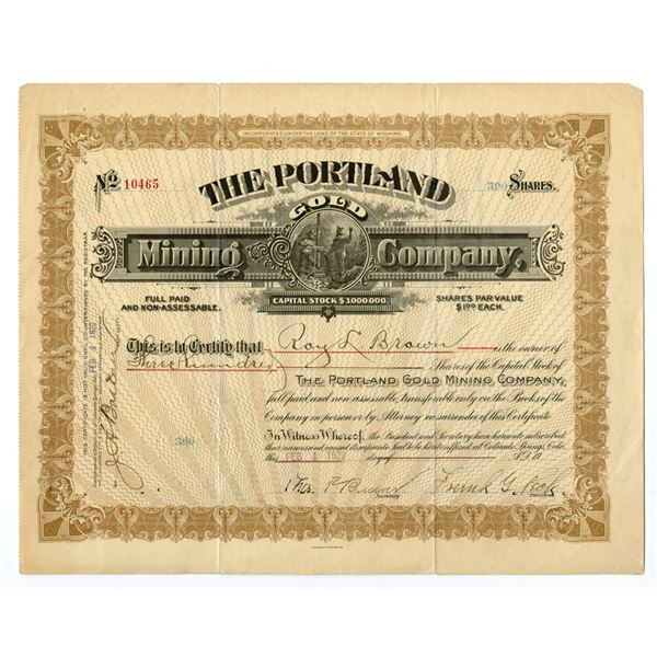 WY. Portland Gold Mining Co., 1922, I/U Stock Certificate.