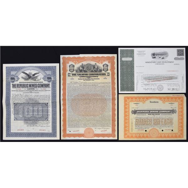 Mining & Land Company Specimen Stocks and Bonds, 1906 to 1969