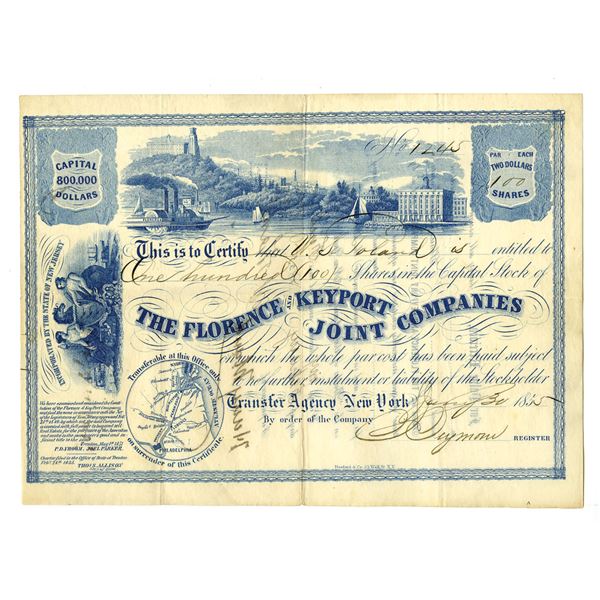 NJ. The Florence & Keyport Joint Companies, 1855, I/U Stock Certificate
