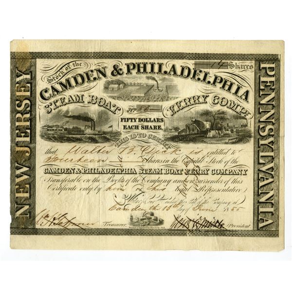 PA.  NJ., Camden & Philadelphia Steam Boat Ferry Co., 1855, I/C Stock Certificate.