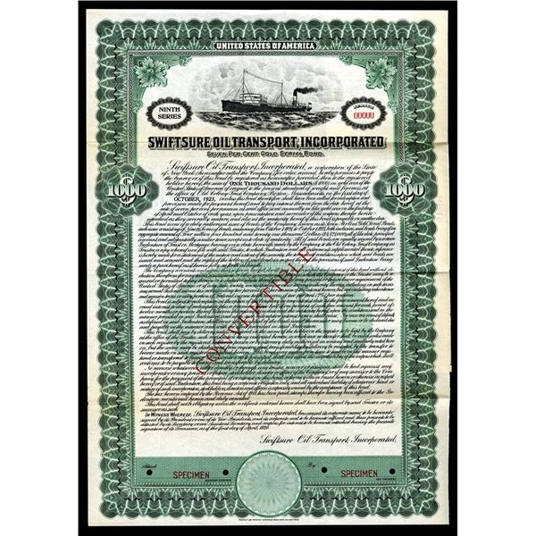 NY. Swiftsure Oil Transport, Inc. 1920 Navigation Specimen Gold Coupon Bond.