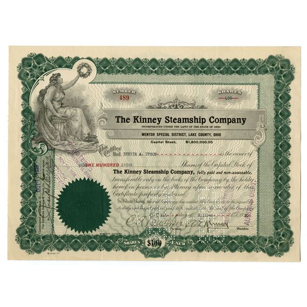 OH. Kinney Steamship Co., 1920 Stock Certificate.