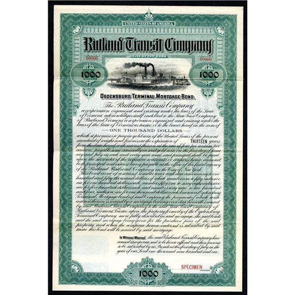 VT. Rutland Transit Co., Ogdensburg Terminal, 1901. Steamship Specimen Gold Coupon Bond.