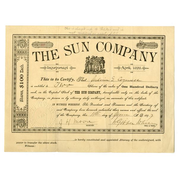 MD. Sun Co., 1897, I/U Stock Certificate, the Publishing entity of The Baltimore Sun Newspaper