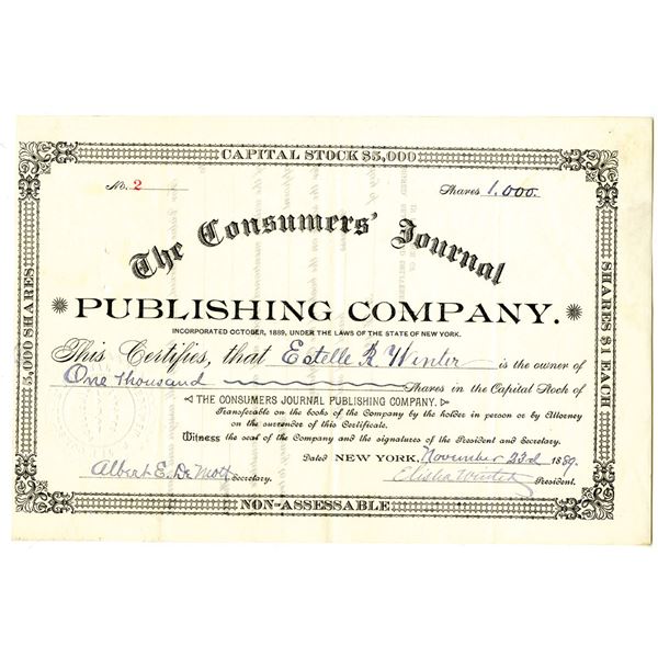 NY. Consumers' Journal Publishing Co. 1889 I/U Stock Certificate