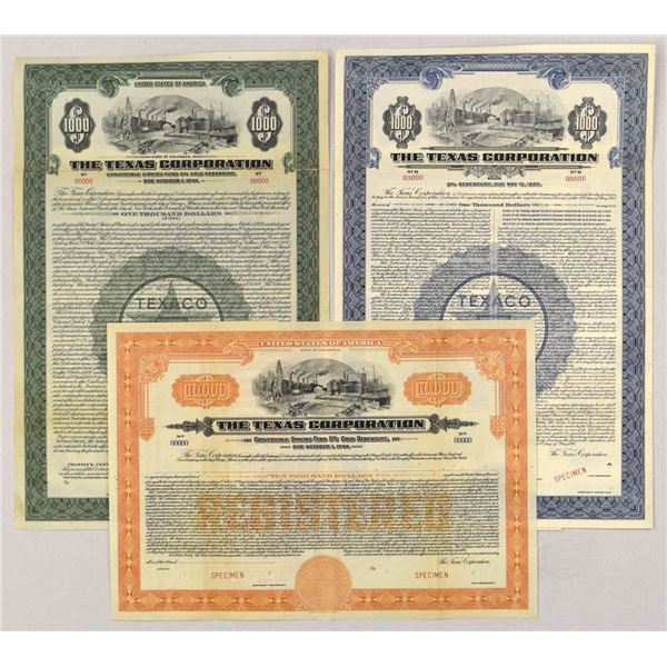 DE. Texas Corp., 1929 to 1940, Specimen Bond Trio.