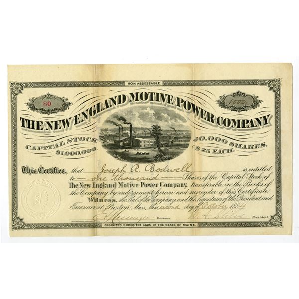 ME. New England Motive Power Co., 1884, I/U Stock Certificate.