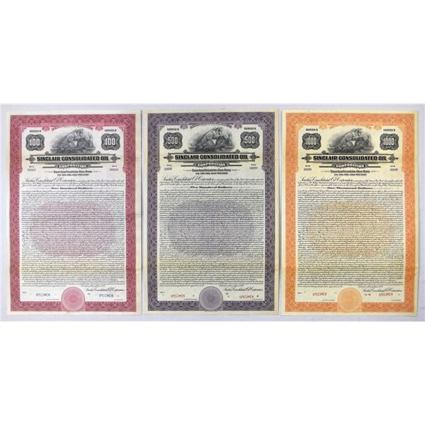NY. Sinclair Consolidated Oil Corp., 1923, Specimen Gold Coupon Bond Trio