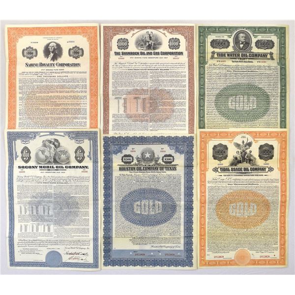 Oil and Gas Specimen Coupon Bond Sextet, 1921 to 1963.