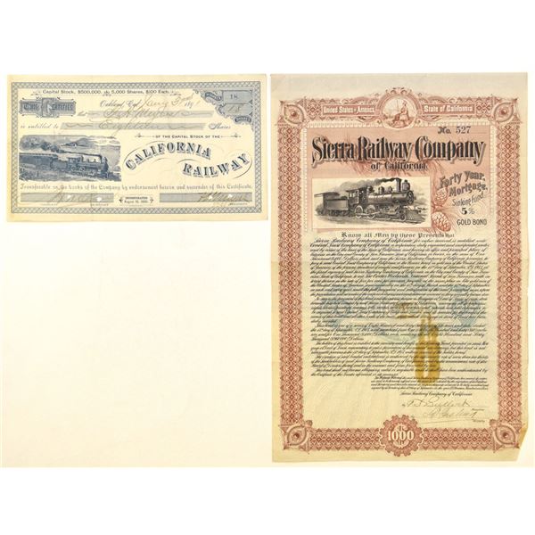 CA. California Railway & Sierra Railway Co., 1891 & 1904, Issued Certificate Pair.