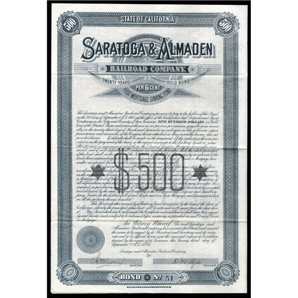 CA. Saratoga & Almaden Railroad Co., 1885 I/U Bond.