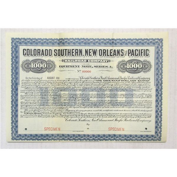 CO. Colorado Southern, New Orleans & Pacific Railroad Co., 1907, Specimen Bond.