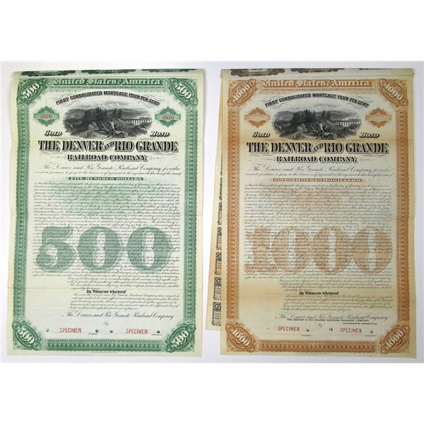 CO & UT. Denver and Rio Grande Railroad Co., 1886, Specimen 4% Gold Coupon Bond Pair.