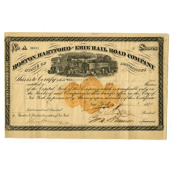 CT. Boston, Hartford and Erie Rail Road Co., 1872, I/U Stock Certificate.