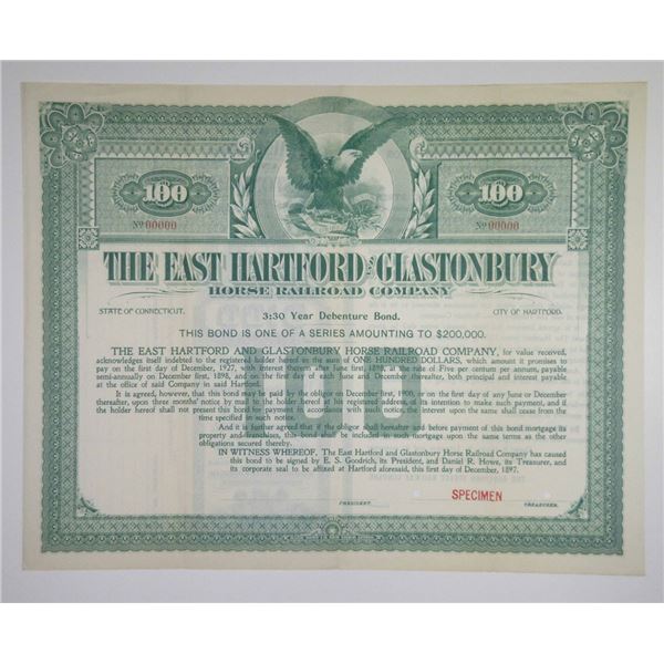 CT. East Hartford & Glastonbury Horse Railroad Co 1897 Specimen $100 Registered Bond