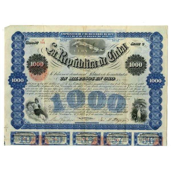 Cuba. Republica de Cuba, 1872, I/U 1000 Pesos Gold Coupon Bond.