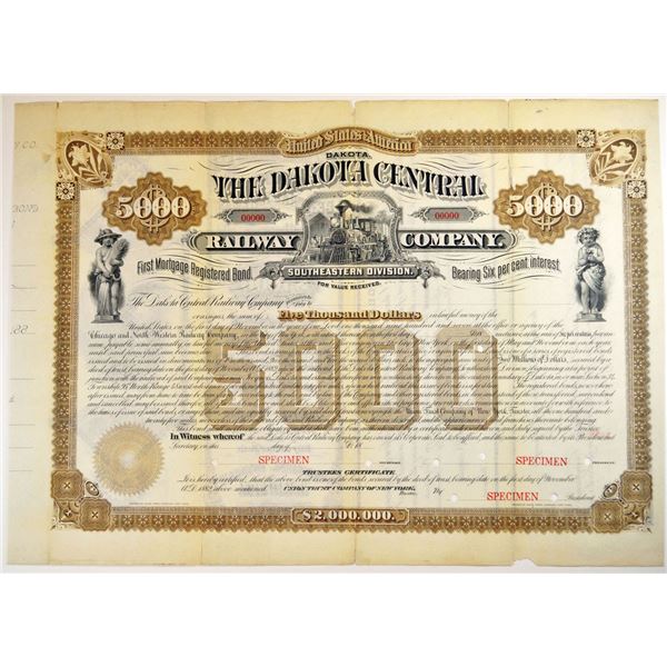Dakota Territory. Dakota Central Railway Co., Southeastern Division, 1882 Specimen Bond Rarity.