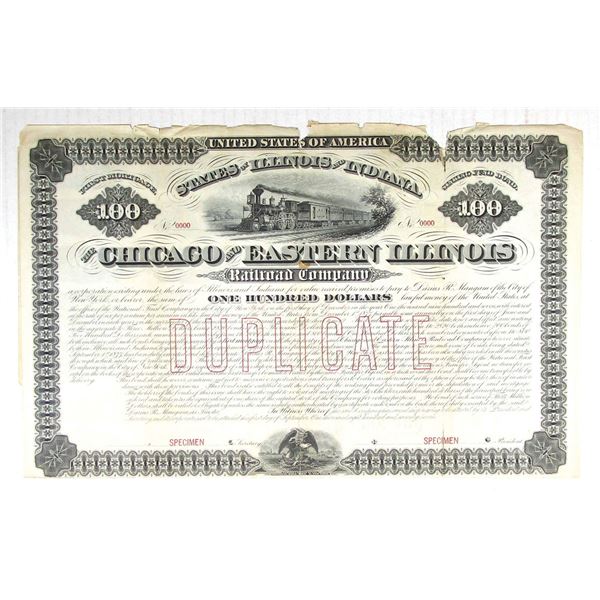 IL & IN. Chicago & Eastern Illinois Railroad Co., 1877, Specimen Coupon Bond.