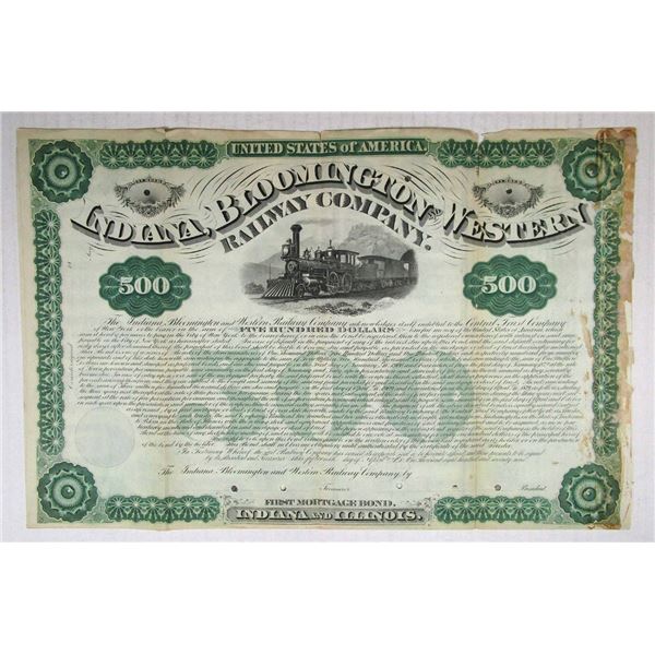 IN & IL. Indiana & Bloomington & Western Railway Co., 1879, Specimen Coupon Bond Rarity.