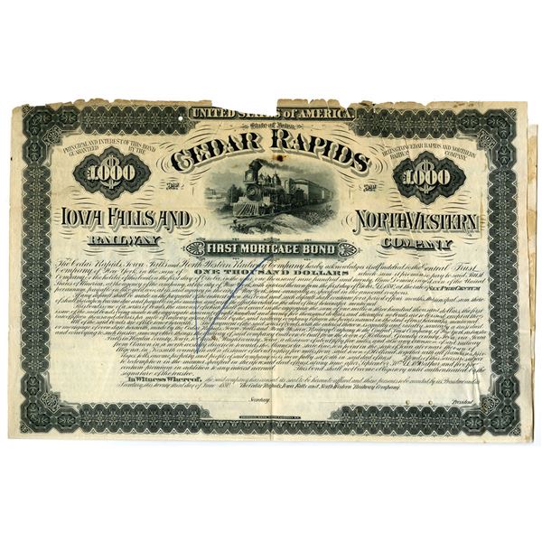 IA. Cedar Rapids Iowa Falls and North Western Railway Co., 1880 Specimen Gold Coupon Bond Rarity.