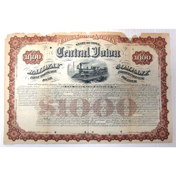 IA. Central Iowa Railway Co., 1879, Unique Specimen Coupon Bond.