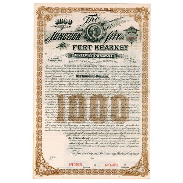 KS. Junction City and Fort Kearney Railway Co., 1884 Specimen Bond