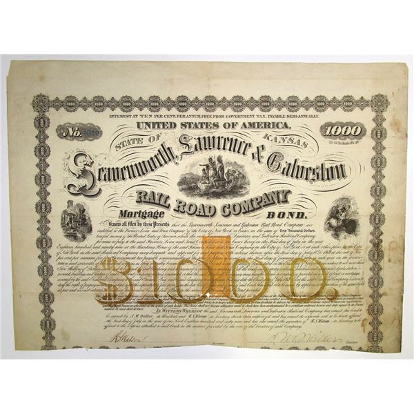 KS. Leavenworth, Lawrence & Galveston Rail Road Co., 1869 I/C Bond with U.S.I.R. Imprinted Revenue.