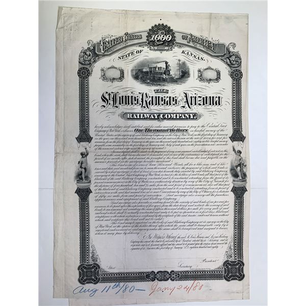 KS. St. Louis, Kansas and Arizona Railway Co., 1880, Unique Progress Proof Bond with Production Proo