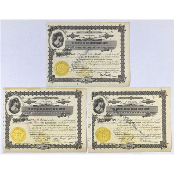 KY. Chesapeake and Ohio Northern Railway Co., ca.1914-1918 Group of I/C Stock Certificates