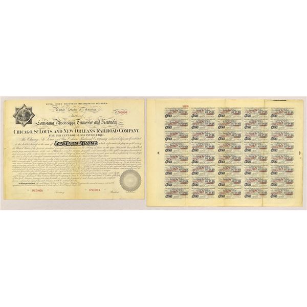LA. Chicago, St. Louis and New Orleans Railroad Co, 1881, Specimen Gold Coupon Bond.