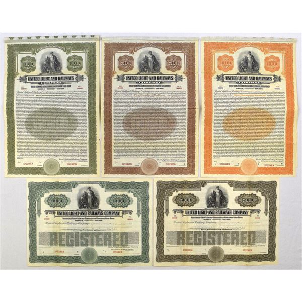 ME. United Light and Railways Co., 1922, Specimen (Coupon and Registered) Gold Bond Quintet.