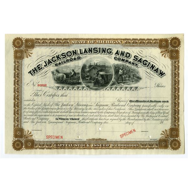 MI. Jackson, Lansing and Saginaw Railroad Co., 1906, Specimen Stock Certificate.