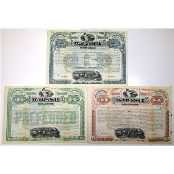 MI, OH, IN, IL, MO, IA. Wabash Railroad Co., 1905 to 1909, Specimen Registered Bond Trio.