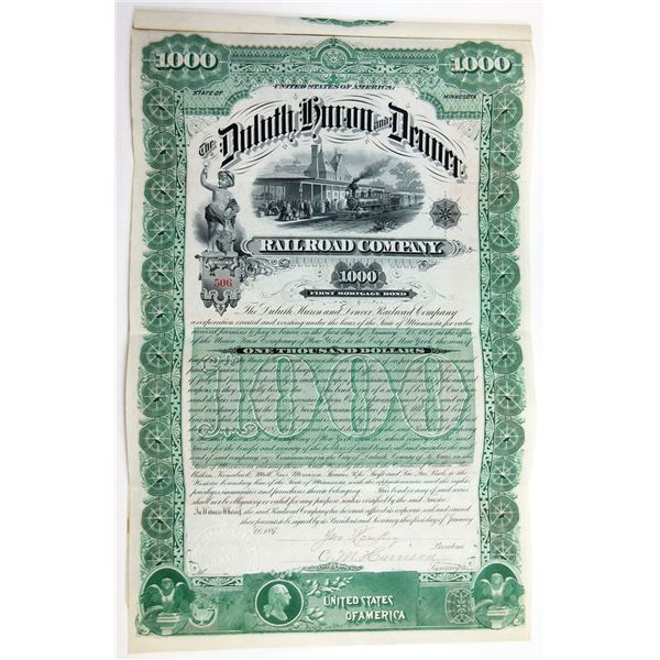 MN. Duluth, Huron and Denver Railroad Co. 1887 I/U  Bond