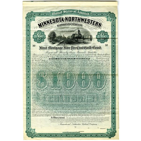 MN. Minnesota and Northwestern Railroad Co. 1884 Specimen Gold Coupon Bond Rarity.