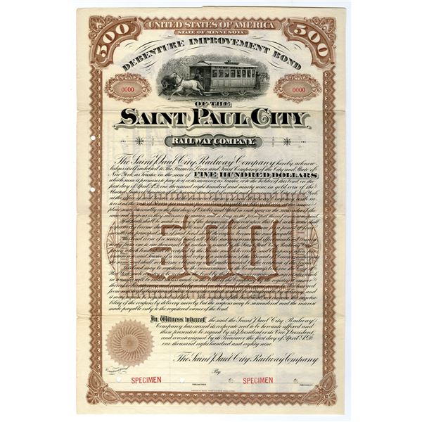 MN. Saint Paul City Railway Co. 1889 Specimen Gold Coupon Bond Rarity